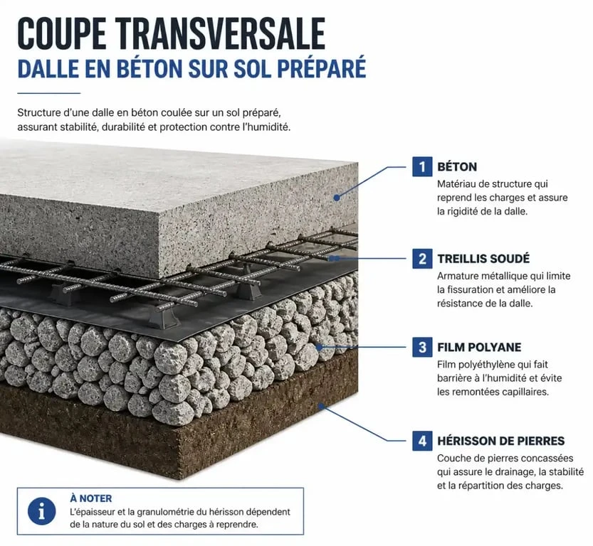 Schéma technique des couches d'une dalle en béton pour un calculateur dalle