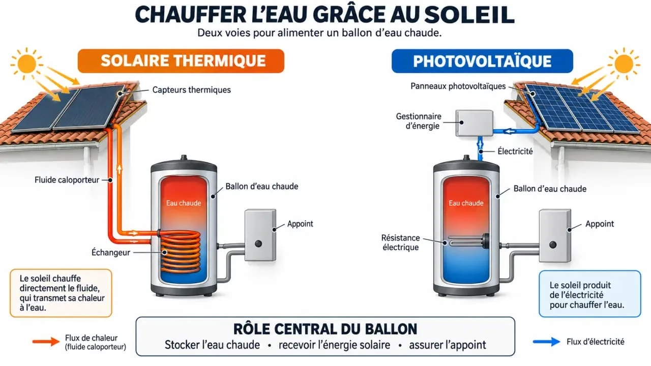 Infographie comparative sur le panneau solaire eau chaude thermique et photovoltaïque