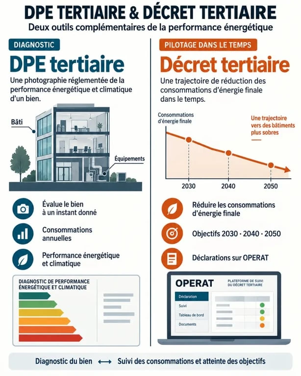 Infographie comparant le DPE tertiaire et le décret tertiaire
