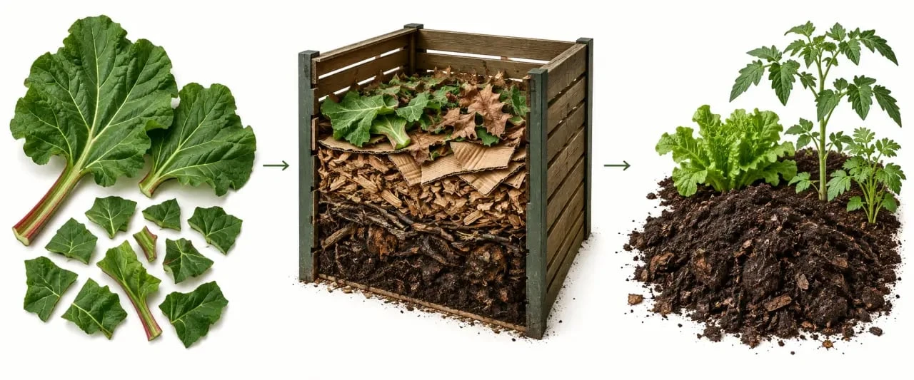 Feuille de rhubarbe compost : feuilles découpées mélangées à des matières brunes puis transformées en compost mûr