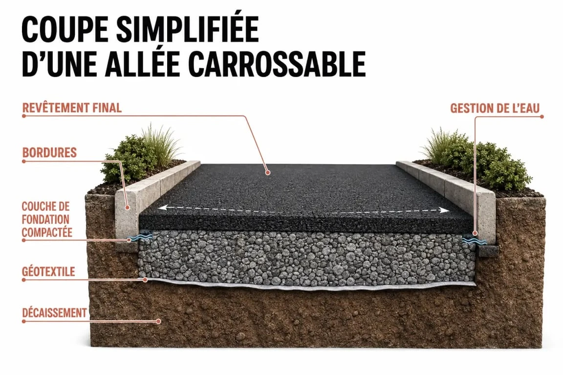 Aménagement allée carrossable : coupe simplifiée de la préparation du sol et du drainage