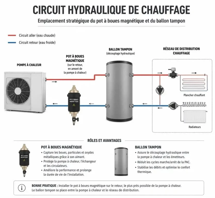 Schéma hydraulique d'installation d'une pompe à chaleur avec pot à boues