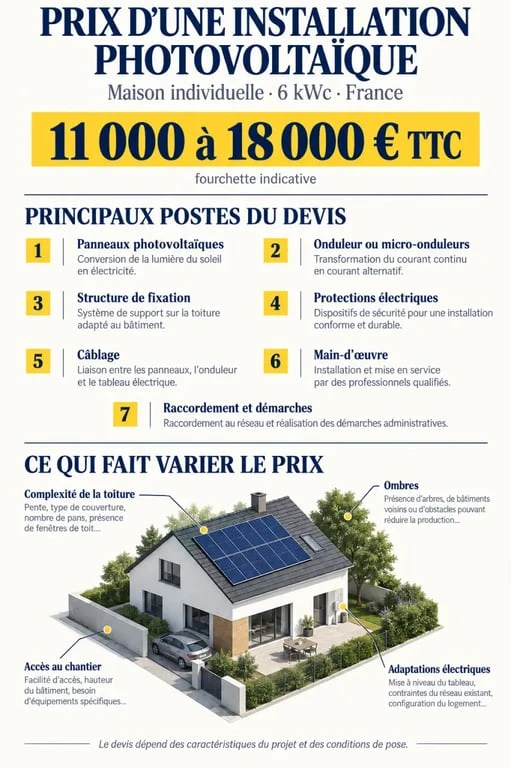 Infographie sur le prix installation panneau solaire 6 kWc et les postes d’un devis photovoltaïque