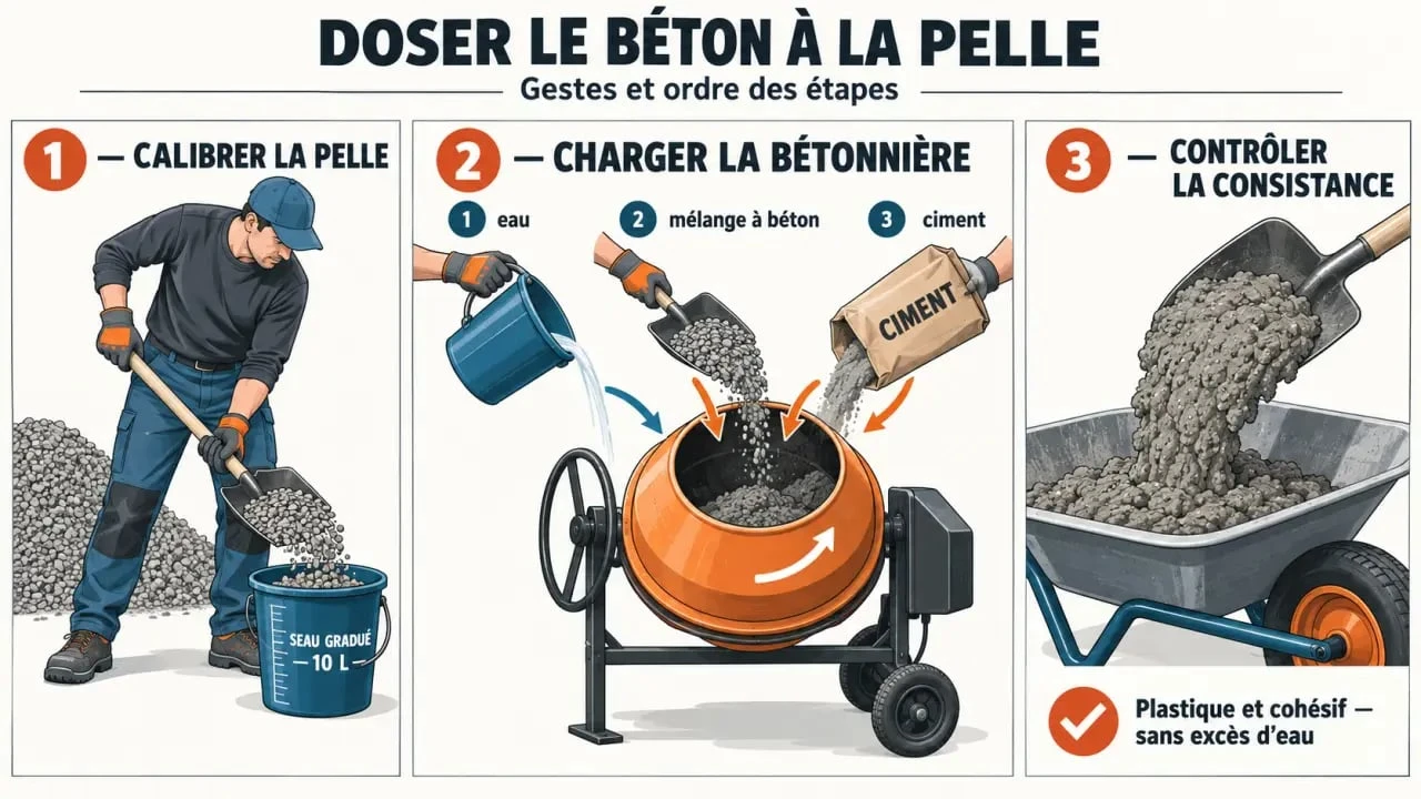 Dosage du béton à la pelle avec bétonnière, calibration de la pelle et ajout progressif de l'eau