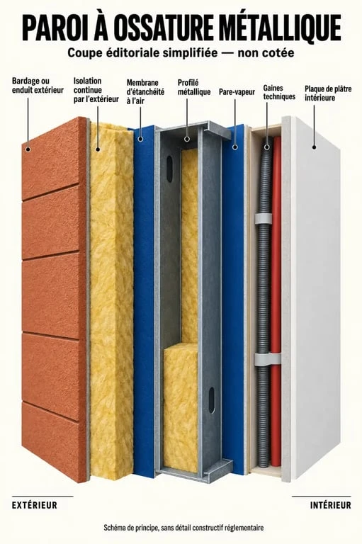 Schéma des couches d'une maison à ossature métallique et de son isolation