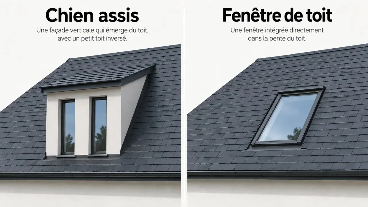 Maison chien assis comparée à une fenêtre de toit sur une toiture