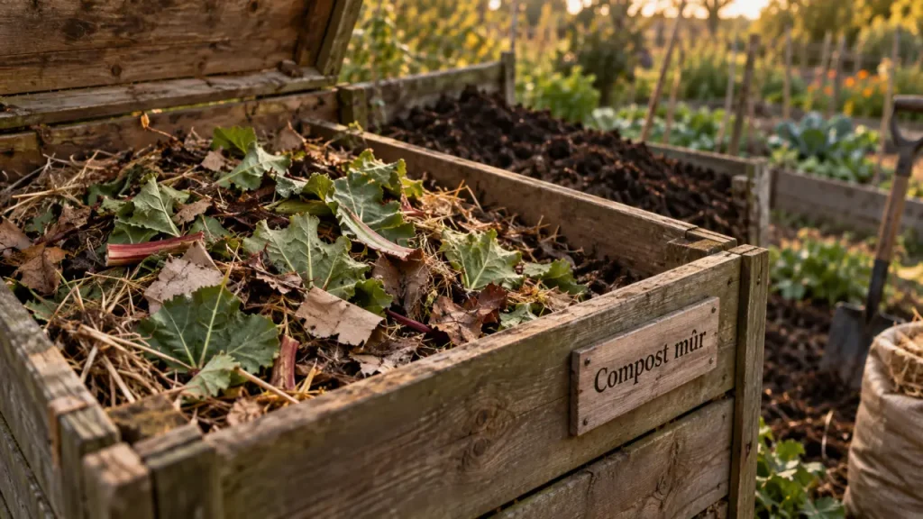 Feuille de rhubarbe compost : feuilles au composteur de jardin