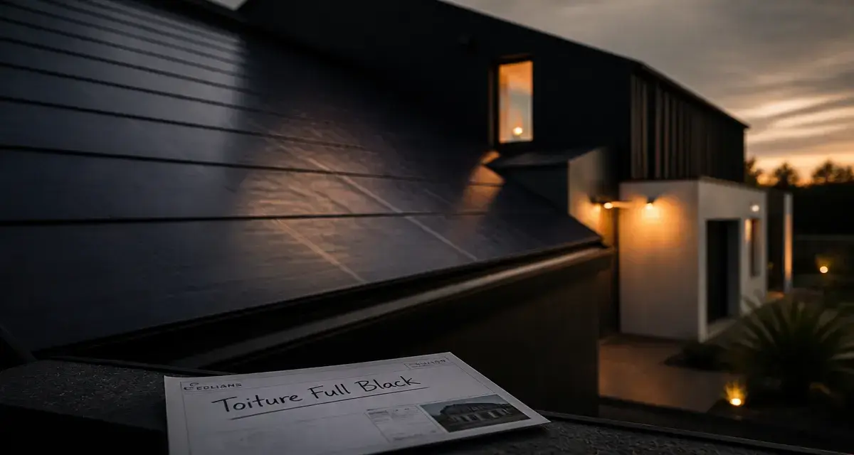 Panneau solaire esthetique sur toiture noire mate, intégré sans quadrillage visible