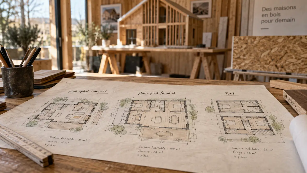 Plan maison ossature bois : choix plain-pied et R+1 familial