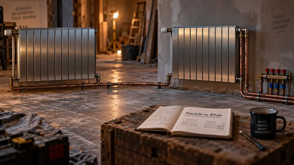 Radiateur bitube ou monotube : deux tuyauteries départ/retour visibles