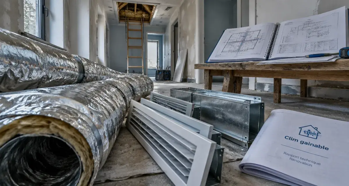 Climatisation par gainage : gaines isolées et grilles prêtes sous faux plafond