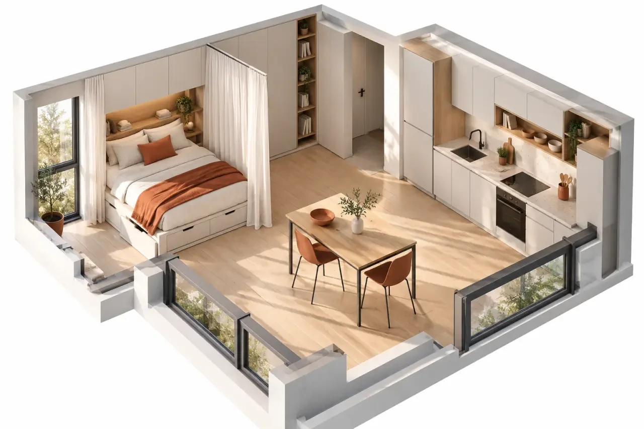 Aménagement petit studio avec coin nuit, cuisine compacte, bureau et rangements optimisés
