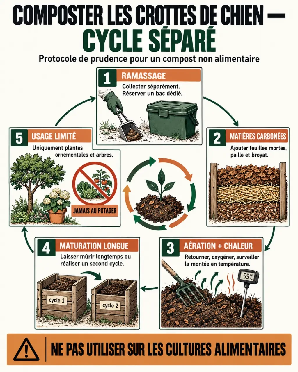Crotte de chien compostée dans un cycle de compost séparé réservé aux plantes ornementales