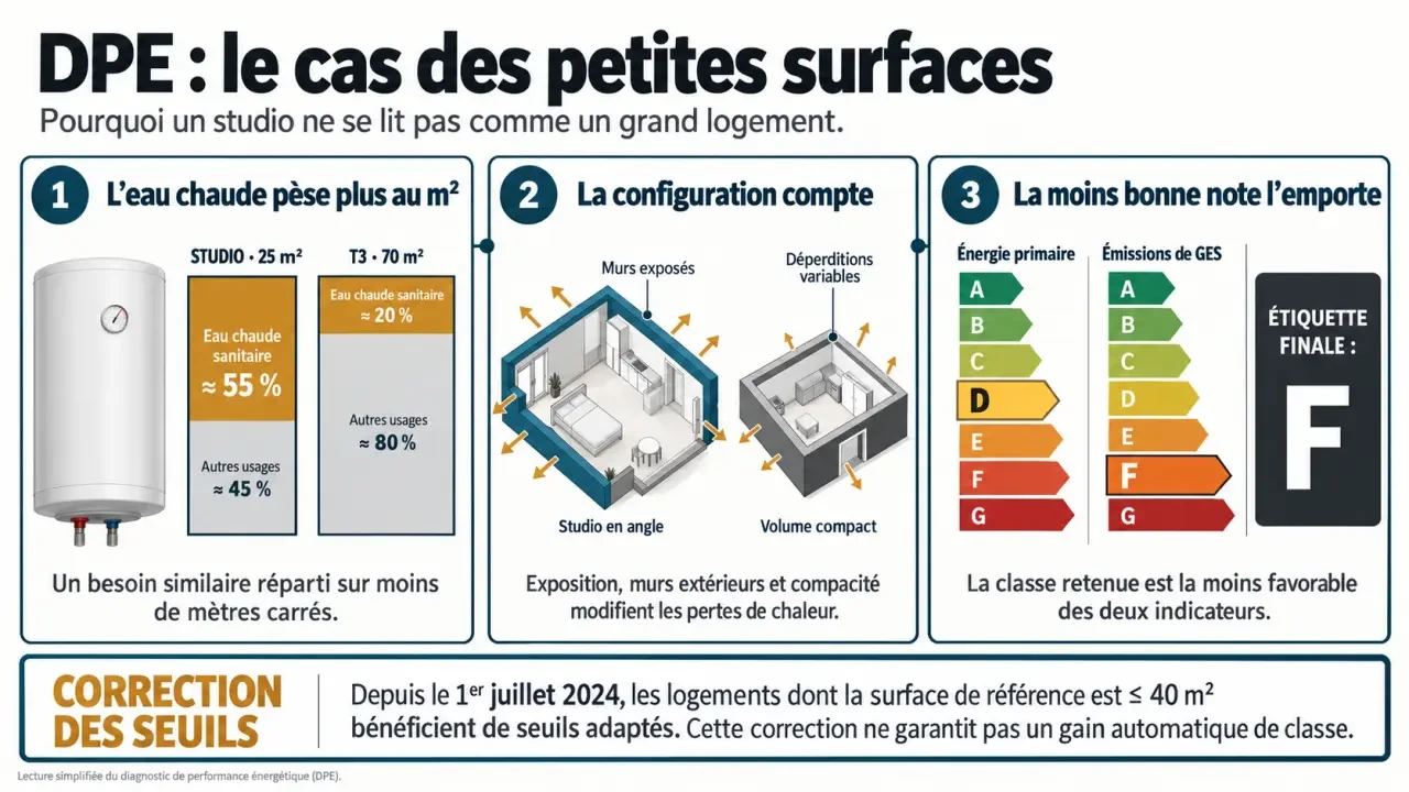 Infographie sur le DPE d’une petite surface, l’eau chaude, les déperditions et la correction des seuils pour les logements de 40 m² ou moins