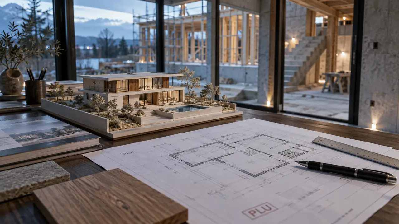 Maquette maison en etage plan sur chantier résidentiel